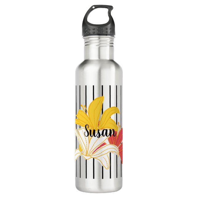 Orange Yellow White Flowers on Black Stripes 710 Ml Water Bottle (Front)