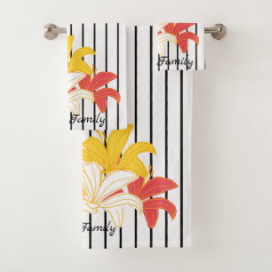 Orange Yellow White Flowers on Black White Stripe Bath Towel Set