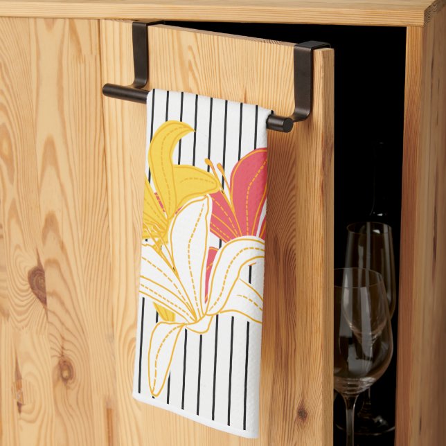 Orange Yellow White Flowers on Black White Stripes Kitchen Towel (Thirds Fold)