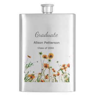 Orange yellow wildflowers modern graduatie rustic hip flask