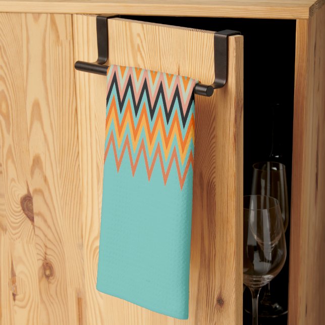 Orange Yellow Zigzag Pattern on Teal Kitchen Towel (Thirds Fold)