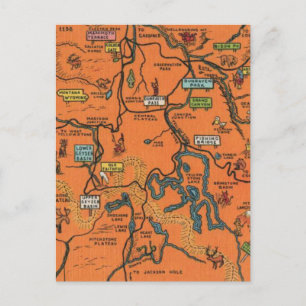 Orange Yellowstone Park Illustrated Map Postcard