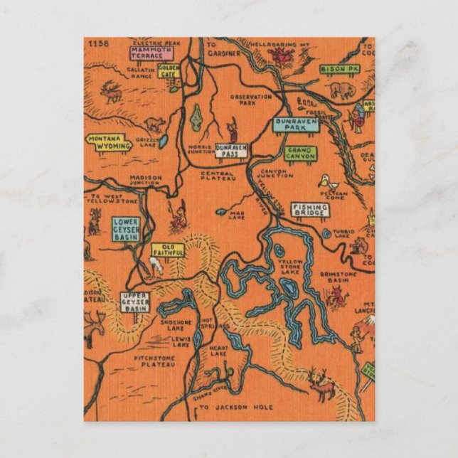 Orange Yellowstone Park  Illustrated Map Postcard (Front)