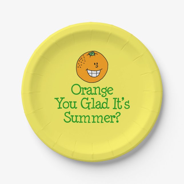 Orange You Glad It's Summer Pun Yellow Paper Plate (Front)