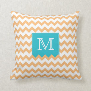 Orange Zig Zag Pattern & turquoise monogram box Throw Pillow