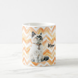 Orange Zigzag Stripes White Cat Meow Coffee Mug