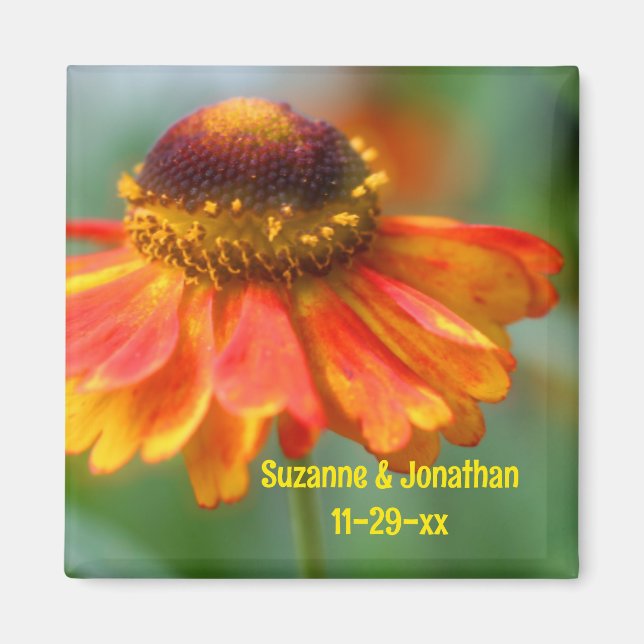 Orange Zinnia Flower Personalized Wedding  Magnet (Front)