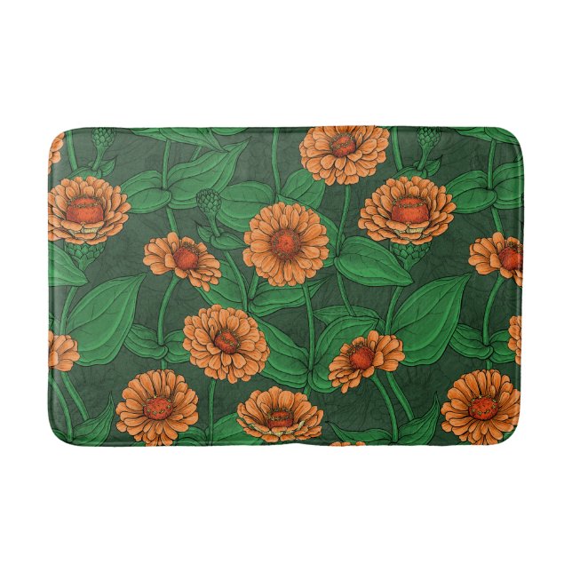Orange Zinnia flowers, green leaves on dark green Bath Mat (Front)
