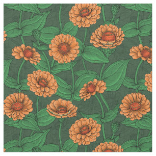 Orange Zinnia flowers, green leaves on dark green Fabric