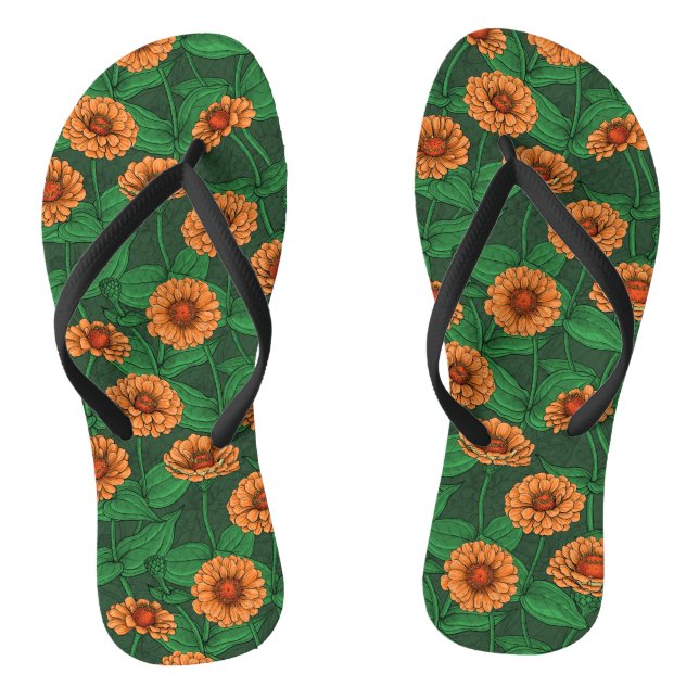 Orange Zinnia flowers, green leaves on dark green Flip Flops (Footbed)