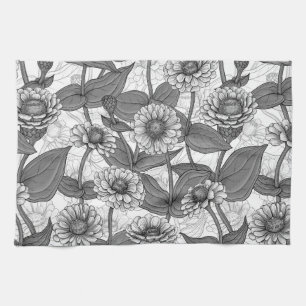 Orange Zinnia flowers, green leaves on dark green Kitchen Towel