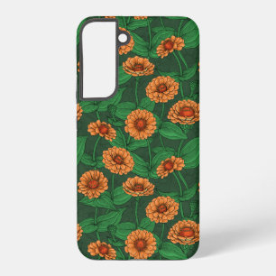 Orange Zinnia flowers, green leaves on dark green Samsung Galaxy Case