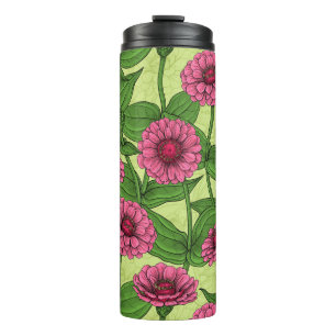 Orange Zinnia flowers, green leaves on dark green Thermal Tumbler