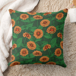 Orange Zinnia flowers, green leaves on dark green Throw Pillow
