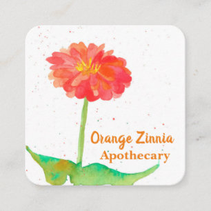 Orange Zinnia Watercolor Flower Square Business Card