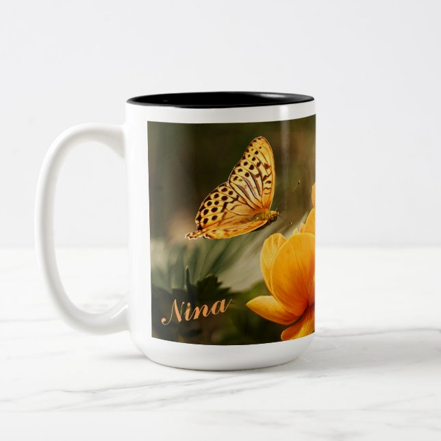 OrangeButterfly, Orange Flowers Two-Tone Coffee Mug (Left)