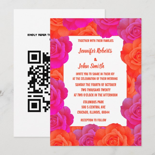 OrangePink Floral QR Code Rose Abstract Wedding Invitation (Front/Back)