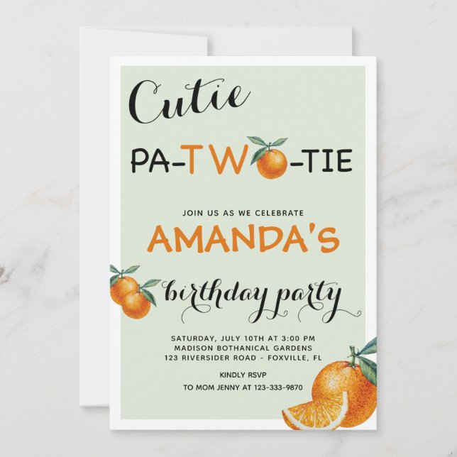 Oranges 2nd Birthday cutie pata-two-tie Invitation (Front)