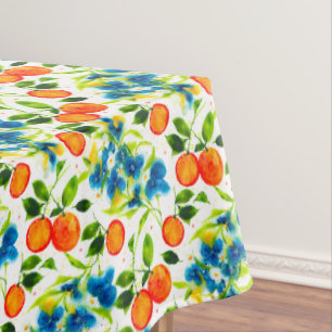 Oranges and Blue Floral Watercolor Citrus  Tablecloth