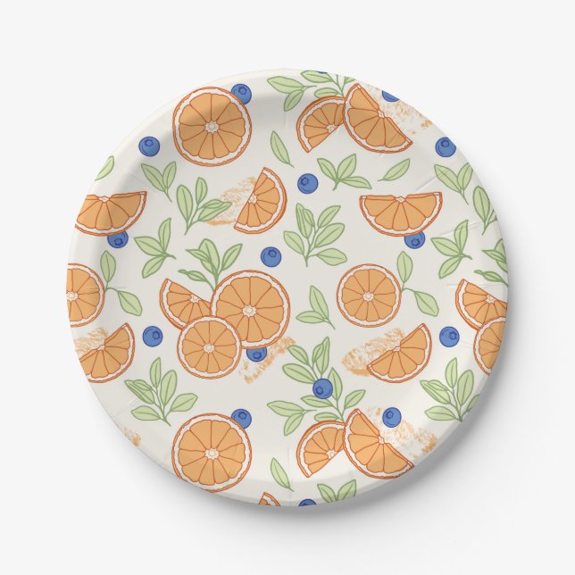 Oranges and Blueberries Fruit Pattern Paper Plate (Front)