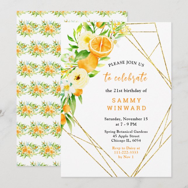 Oranges and Flowers Birthday Invitation (Front/Back)