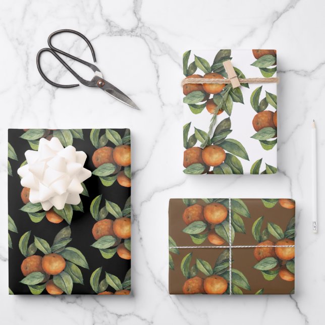 Oranges and Greenery - 3 Designs Wrapping Paper Sheet (Front)
