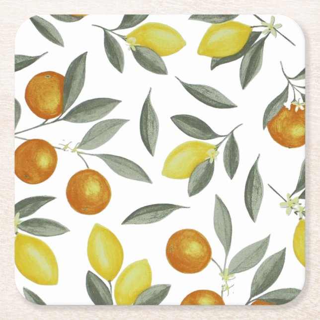Oranges and lemons square paper coaster (Front)
