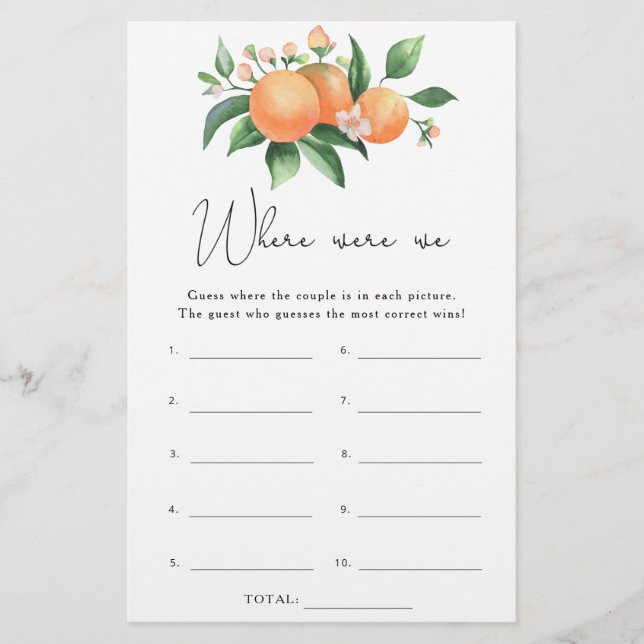 Oranges branch - Where were we bridal shower game (Front)