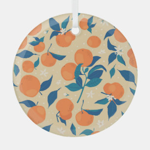 Oranges Branches: Beige Background Pattern Glass Ornament