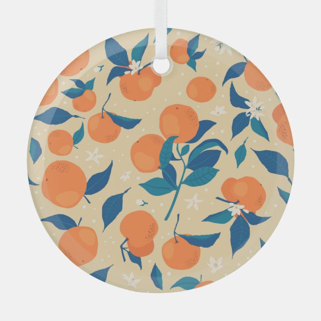 Oranges Branches: Beige Background Pattern Glass Ornament (Front)