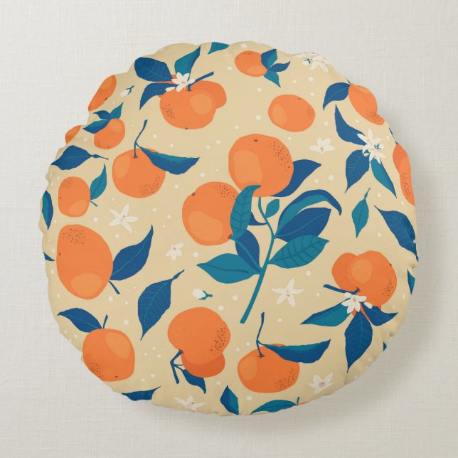Oranges Branches: Beige Background Pattern Round Pillow (Front)