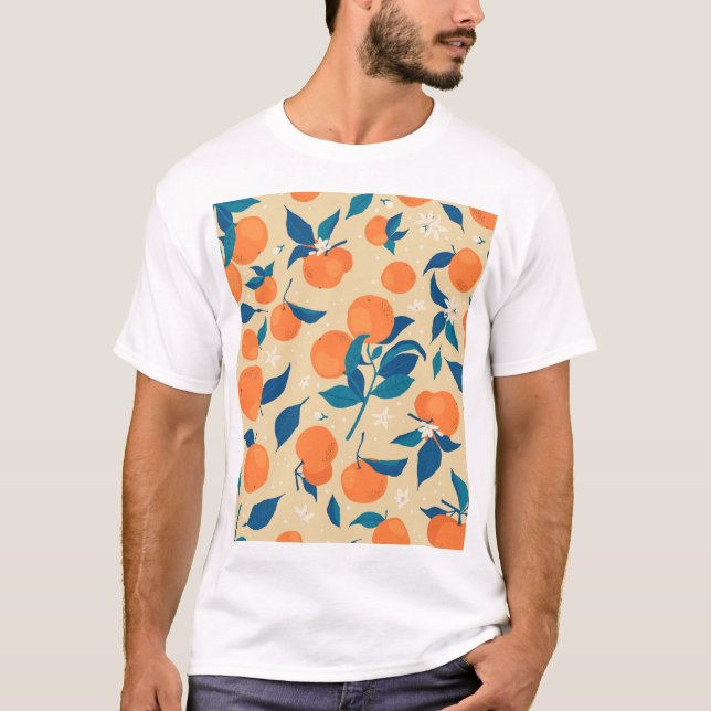 Oranges Branches: Beige Background Pattern T-Shirt (Front)