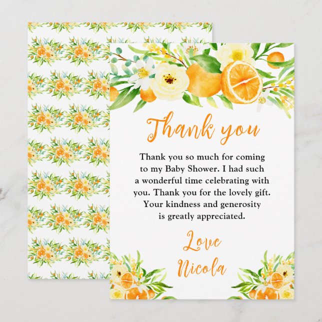 Oranges Citrus Baby Shower Thank You Card (Front/Back)