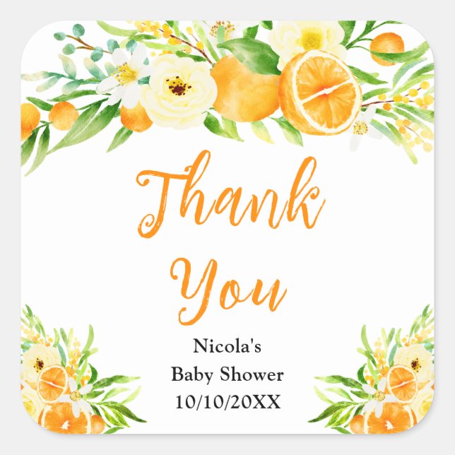 Oranges Citrus Baby Shower Thank You Square Sticker (Front)