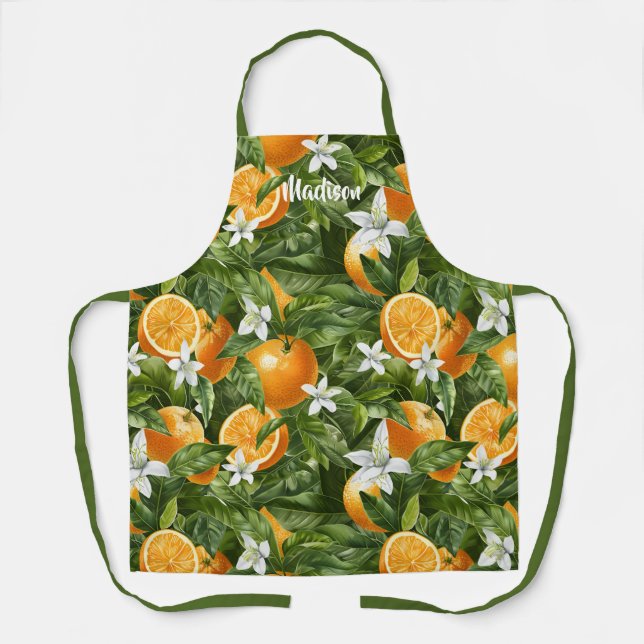 Oranges Citrus Blossoms Modern Personalized Name Apron (Front)