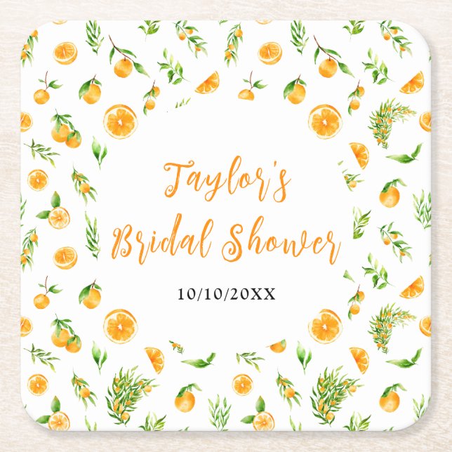 Oranges Citrus Bridal Shower Square Paper Coaster (Front)