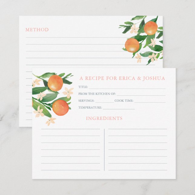 Oranges Citrus Matching Bridal Shower Recipe Cards (Front/Back)