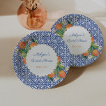 Oranges Classic Blue White Positano Wedding Shower Paper Plate<br><div class="desc">Handpainted oranges against a background pattern based on a vintage blue and white tile. If you prefer the centre circle with a plain edge (rather than scalloped), this option is available. Underneath the text customization boxes, "click to customize further" then go to the "layers" area and unhide the "oval" and...</div>