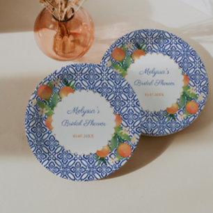 Oranges Classic Blue White Positano Wedding Shower Paper Plate