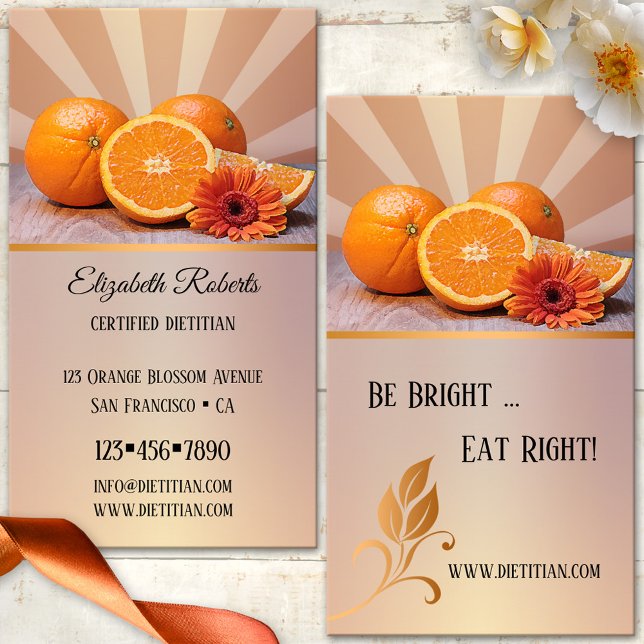 Oranges diététiste nutritionniste Carte de visite (Dietitian business card featuring an elegant design with oranges and a gerbera flower on rose gold)