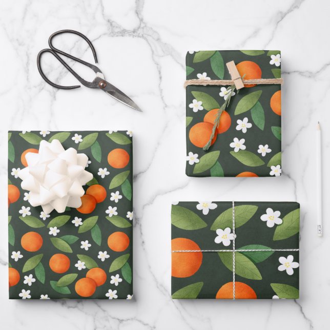 Oranges, Feuilles verts et fleurs blanches Motif (Recto)