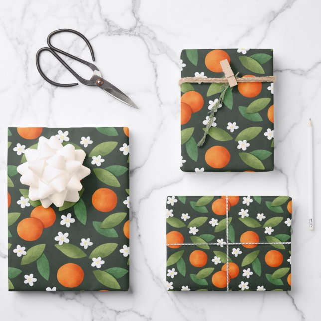 Oranges, Feuilles verts et fleurs blanches Motif (Recto)