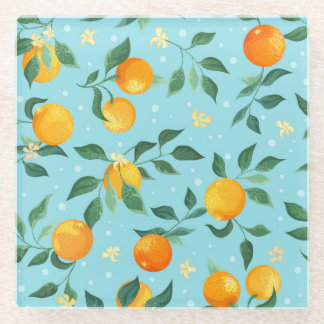 Oranges, flowers: textile seamless pattern. glass coaster