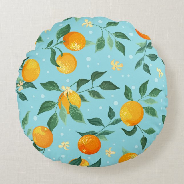 Oranges, flowers: textile seamless pattern. round pillow (Front)