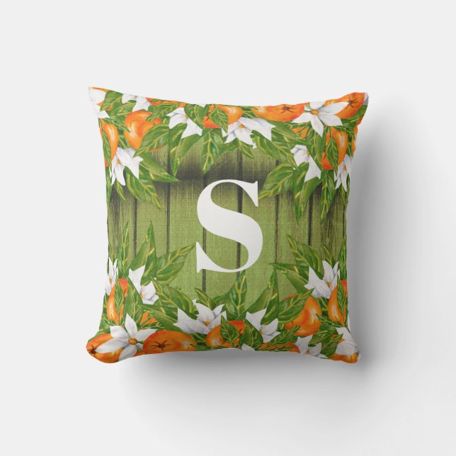 Oranges Fruit Country Autumn Green Wood Monogram Outdoor Pillow (Front)
