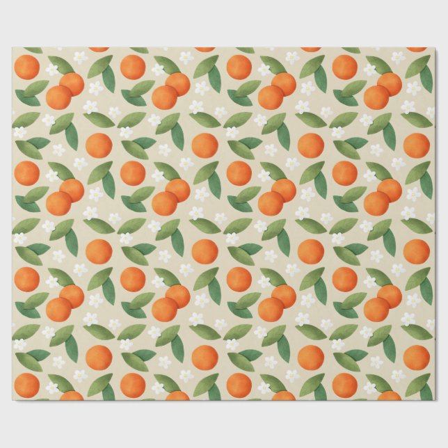 Oranges, Green Leaves and White Flowers Pattern Wrapping Paper (Seam)