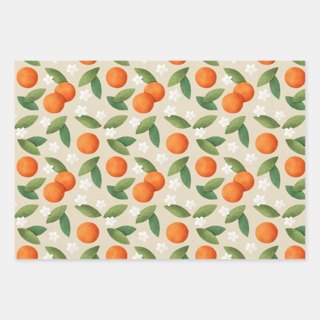 Oranges, Green Leaves and White Flowers Pattern Wrapping Paper Sheet (Front)