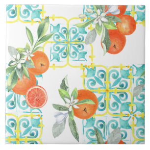Oranges On Blue and Yellow Mediterranean Pattern Tile