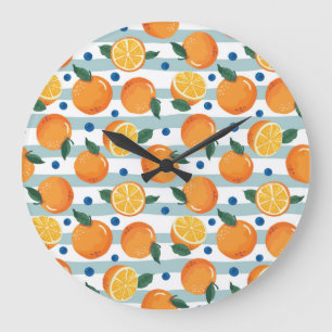 Oranges on striped background, summer pattern. large clock