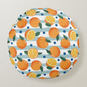 Oranges on striped background, summer pattern. round pillow